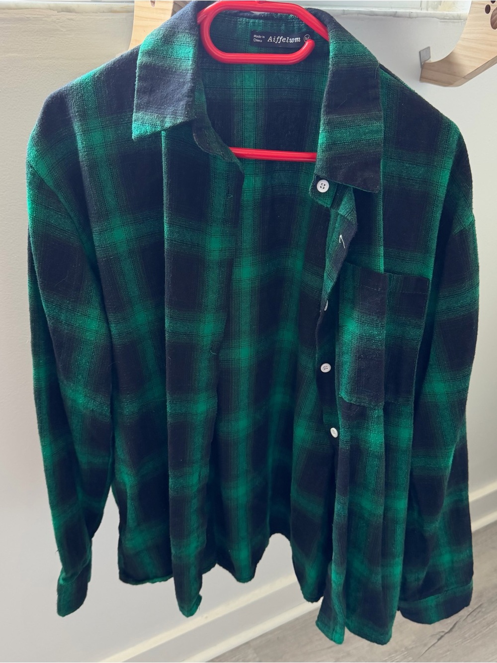 Green and black plaid button-up shirt flannel